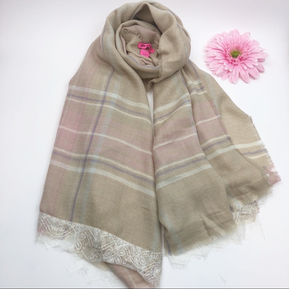 Betsey Johnson Pastel Plaid Lace Trim Blanket Scarf